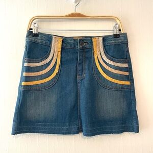 Vintage Fever Blue Jean Skirt with‎ Yellow and Tan Accents